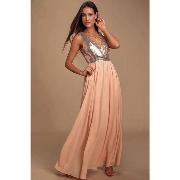 Lulus Elegant Encounter Sequin Maxi Dress - Large - Rose Gold - Picture 1 of 11